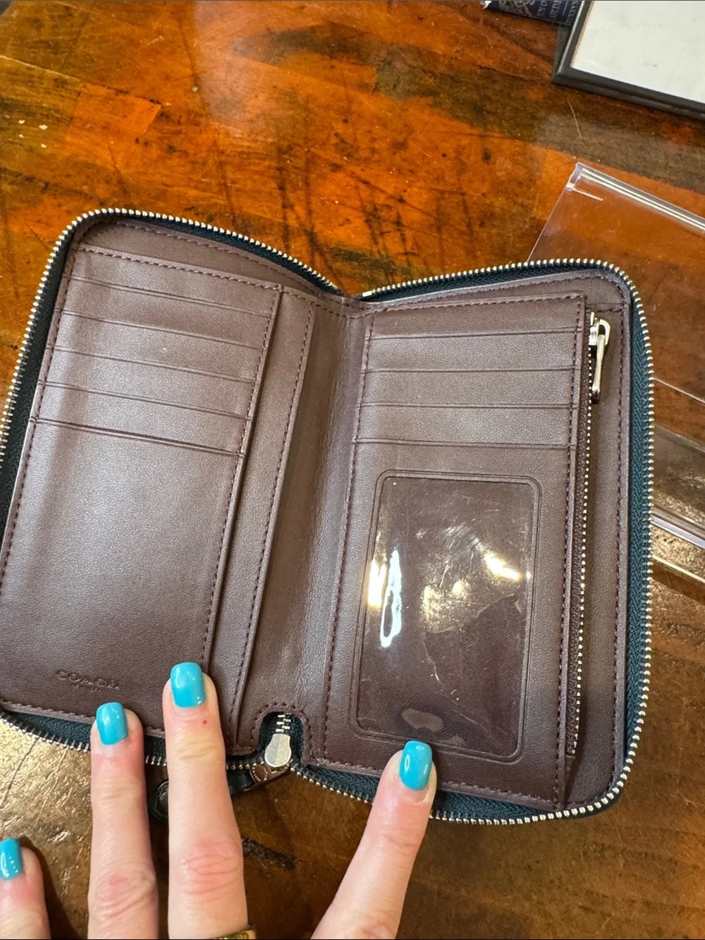 Coach Teal Zip Wallet with Silver Logo - Picture 8 of 11